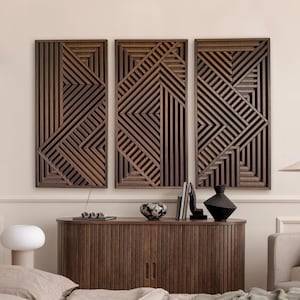 Set of 3 Large Modern Wood Wall Hangings | Modern Wood Wall Art Set | Geometric Wood Wall Panels | Abstract Wooden Wall Art |
