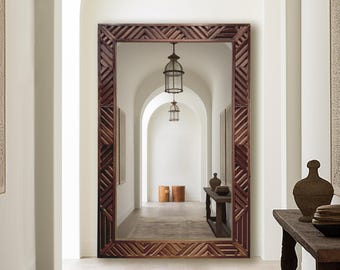 Large Full Body Floor/Wall Mirror with Geometric Wood Frame - Full Length Wood Mirror - Huge Floor Mirror - Modern Wood Bathroom Mirror