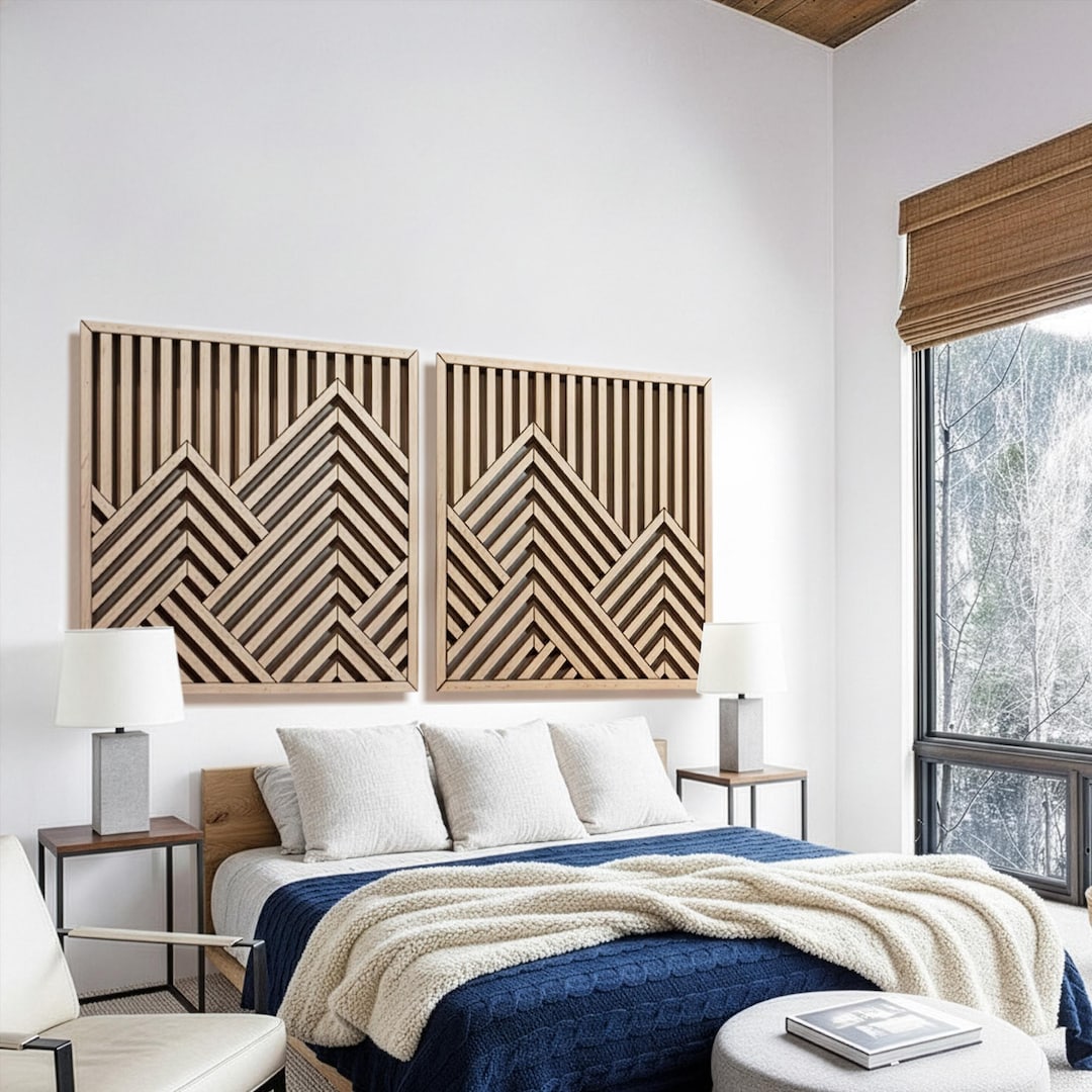 Handmade Geometric Mountain Wood Wall Art | 3D Wood Slat Panels | Set ...