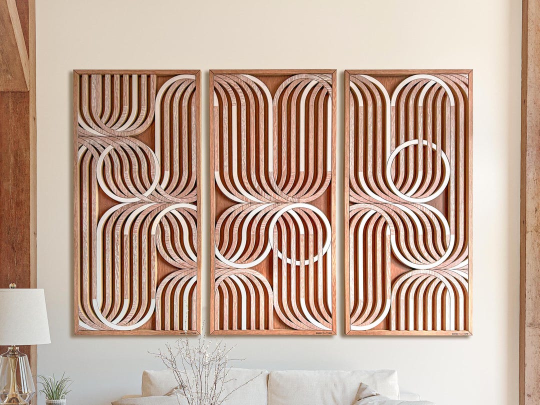 Sculptural White Oak Wood Wall Art Set | Large Geometric Wood Panel ...