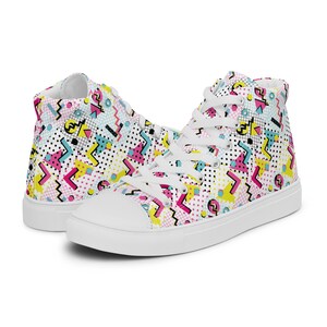 Retro 80s Geometric High Top Canvas Shoes – Stylish Patterned Sneakers with Bold Colorful Design