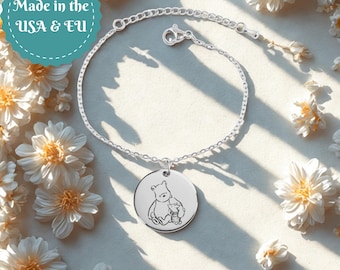 Engraved Winnie the Pooh Piglet Best Friends Bracelets, Custom Friendship Jewelry, Long Distance Gift