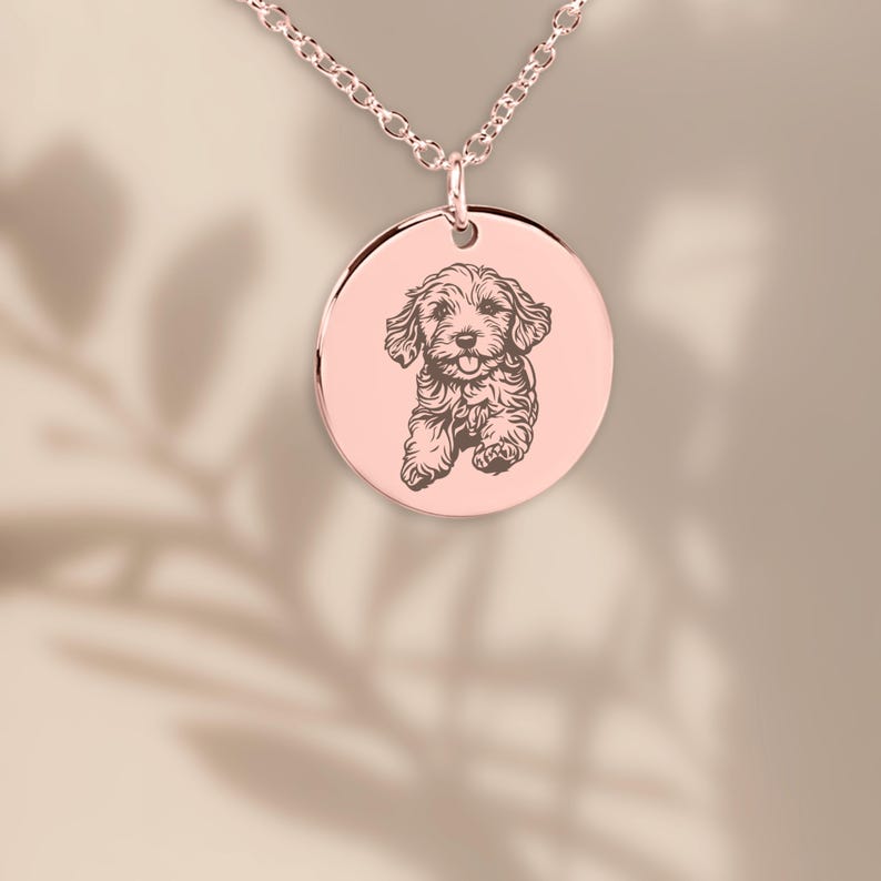 rose gold cavapoo dogs tiny disc custom laser engraving necklace, gift for adopted pets