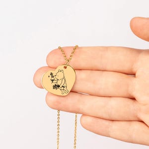 engraved classic pooh bear couple heart jewelry, a gold necklace present