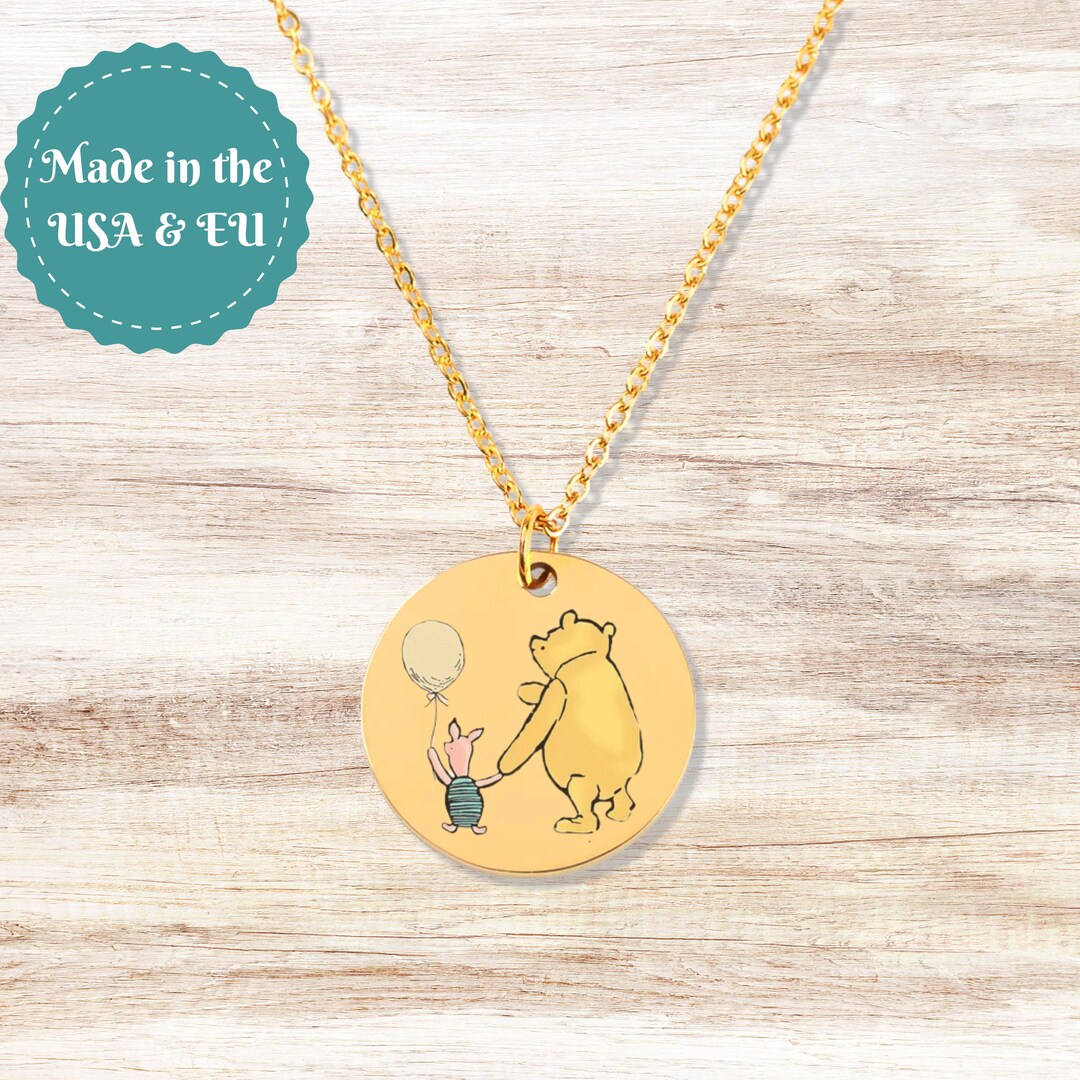 Pooh Piglet Necklace 18k Gold Plate Silver Jewelry, Engraved Classic — free download
