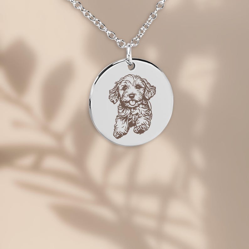 silver stainless steel cavapoo dogs tiny disc custom laser engraving necklace, gift for adopted pets