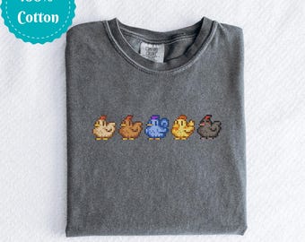 Camiseta de Stardew Valley Chicken, camiseta pixelada con colores cómodos, regalo para videojugadores