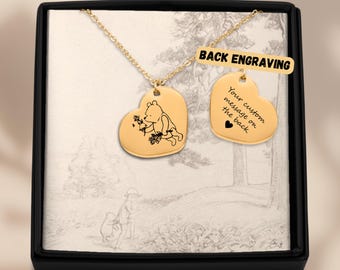 Custom Engraved Pooh Heart Necklace, Classic Pooh Bear Gifts, Dainty Gold Best Friends Necklace Mom Wife Gift Hers 10th Anniversary Presents