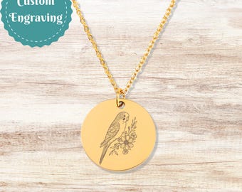 Parakeet Mom Dad Tiny Disc Necklace, Pet Memorial Presents, Bird Lovers Custom 18k Gold Plate Jewelry Gift