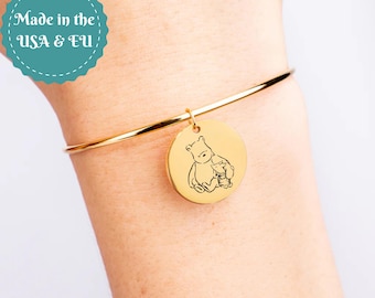 Winnie the Pooh & Piglet Bangle Bracelet, Personalized Engraving
