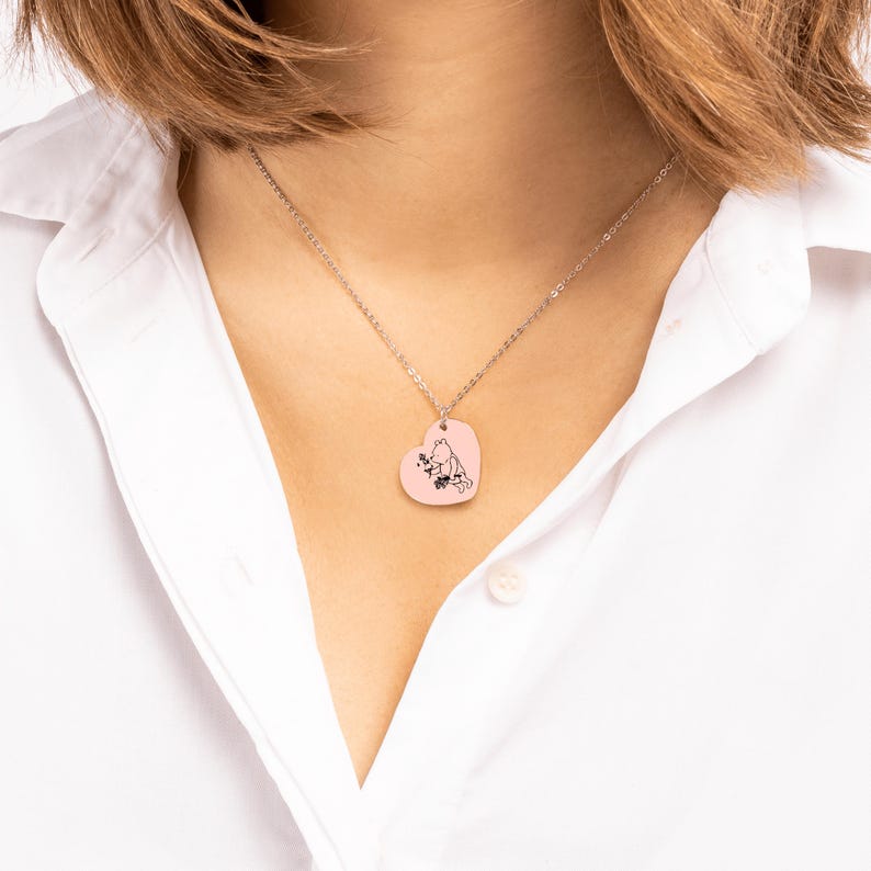 cheap custom engrave rose gold pooh heart necklace