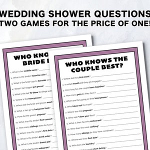 May include: Two printable wedding shower game cards with purple borders. The first card is titled "Who Knows the Bride" and has 14 questions about the bride. The second card is titled "Who Knows the Couple Best?" and has 13 questions about the couple.