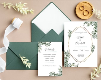 Greenery & Gold Wedding Invitation 3 Piece Package