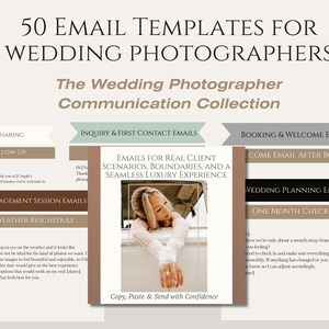 May include: A digital product titled "50 Email Templates for Wedding Photographers." The design features a woman's photo and text: "Emails for Real Client Scenarios, Boundaries, and a Seamless Luxury Experience." The templates are categorized for various wedding photography needs.