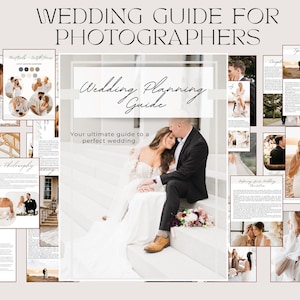 Op de afbeelding: Een trouwplanningsgids voor fotografen, met een stel op een trap. De gids bevat voorbeeldfoto's en tekst, met de titel "Wedding Planning Guide" en de slogan "Your ultimate guide to a perfect wedding."