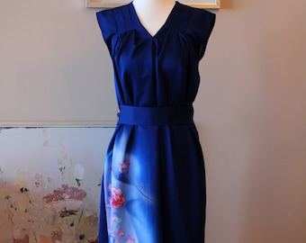 Handmade Royal Blue Silk Kimono Dress: Aurora Floral Painted, Size S