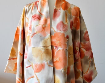 Vintage Silk Kimono Jacket: Orange Floral Japanese Robe