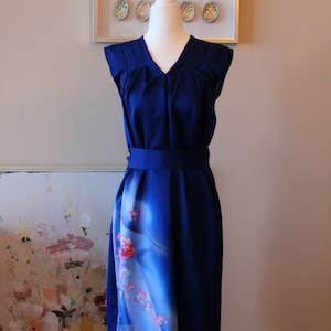 Handmade Vintage Silk Kimono Dress, Hand Painted Aurora Royal Blue, Unique gift, Authentic Kimono Remake, Kimono Fashion, Japanese Clothing
