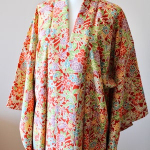 Vintage Kimono Japanese Silk Jacket Robe, Red Floral flower, Authentic Kimono Fashion, Japanese Clothing Traditional Long Kimono