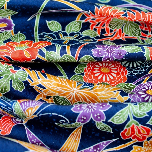 Vintage Kimono Fabric Silk navy blue floral butterfly flower palace print home decor DIY sewing kimono fabric by yard ship from USA