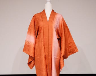Vintage Silk Kimono Jacket Haori, Japanese Kimino Robe, Orange Pink Kimono, Traditional Kimono Fashion, Japanese Clothing Authentic