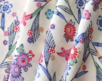 Vintage Kimono Silk Fabric: Cream Floral Bird Print, Sewing DIY