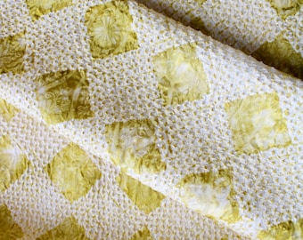 Vintage Kimono Silk Fabric: Yellow Diamond Print, Double Layer Gauze