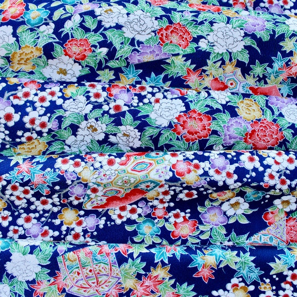 Fabric Vintage Kimono Silk Fabric royal blue floral flower treasury box print home decor DIY sewing kimono fabric by yard ship from USA