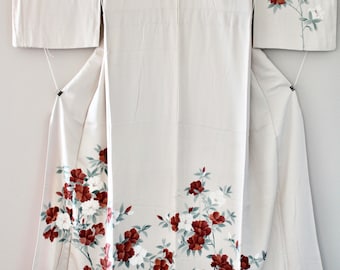Kimono vintage de seda japonesa, bata, estampado floral blanco y crema, moda de kimono auténtico, ropa tradicional japonesa.