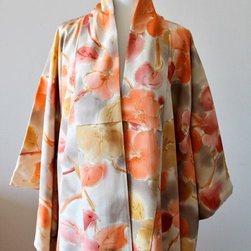 Vintage Silk Kimono Jacket: Orange Floral Japanese Robe