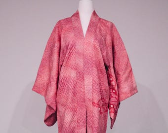Vintage Pink Silk Kimono Jacket Haori: Japanese Leaf Pattern