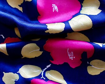 Vintage Kimono Silk Fabric: Blue Floral Print, Sewing DIY