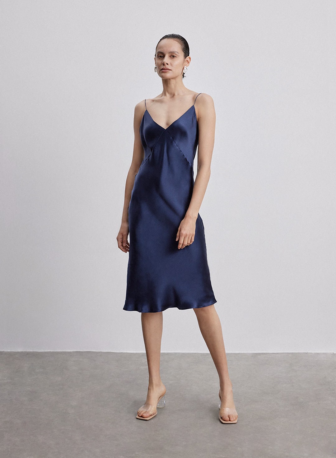 Navy Silk Slip Casual Midi-Length Dress main image 0