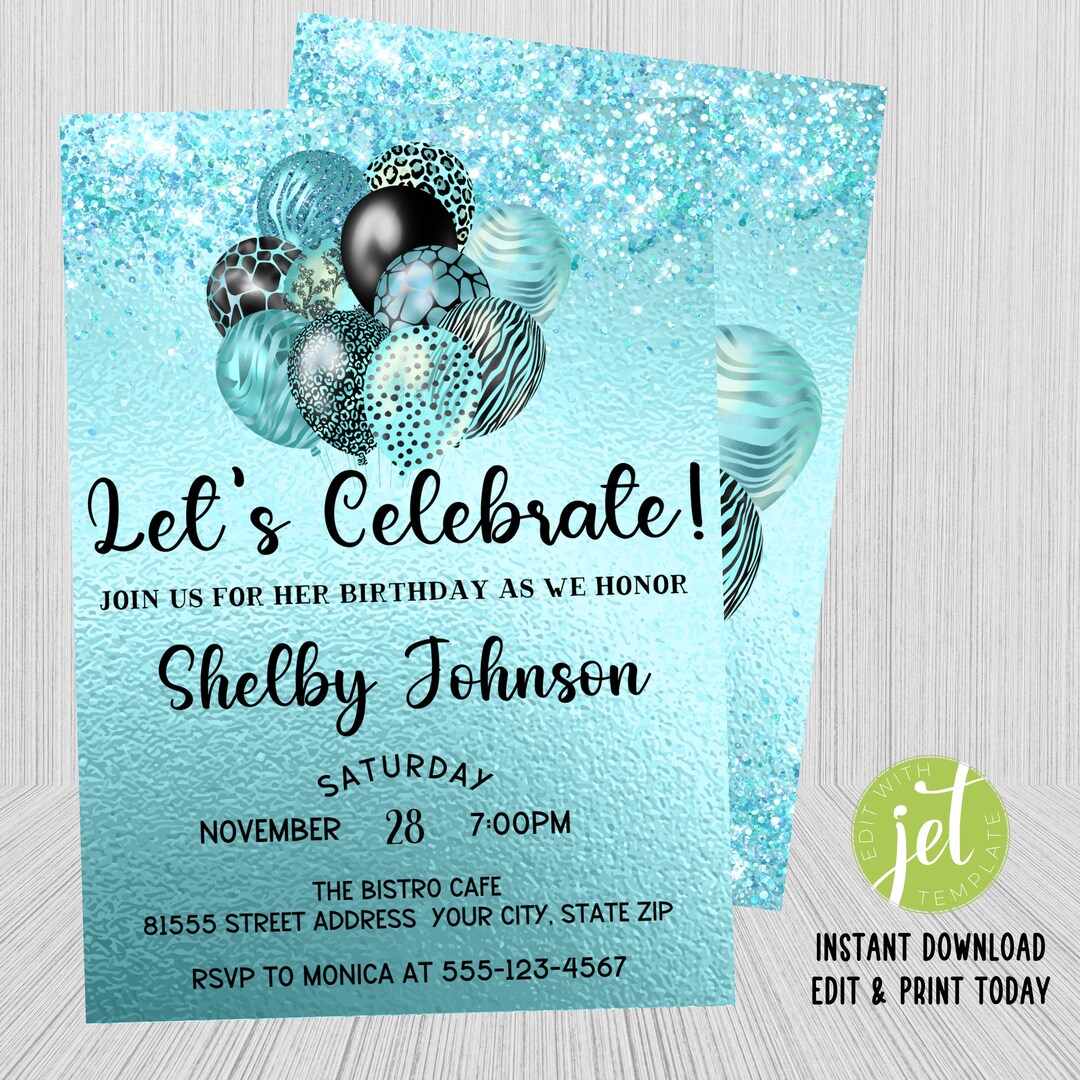 Editable Turquoise Birthday Invitation Let's Celebrate Etsy