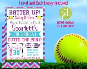 Editable Softball Invitation, Softball Birthday Invitation, Softball Party Invite, Girls Birthday, Softball Theme, Batter Up, Swing on Over