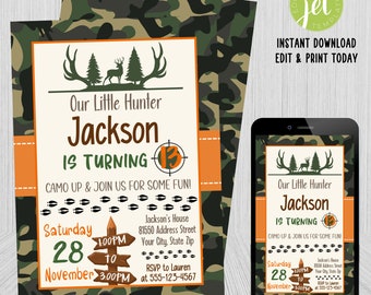 Editable Hunting Birthday Invitation, Camo Birthday Invitation, Deer Birthday Invitation, Party Hunter Deer Printable, Phone Invite, Text