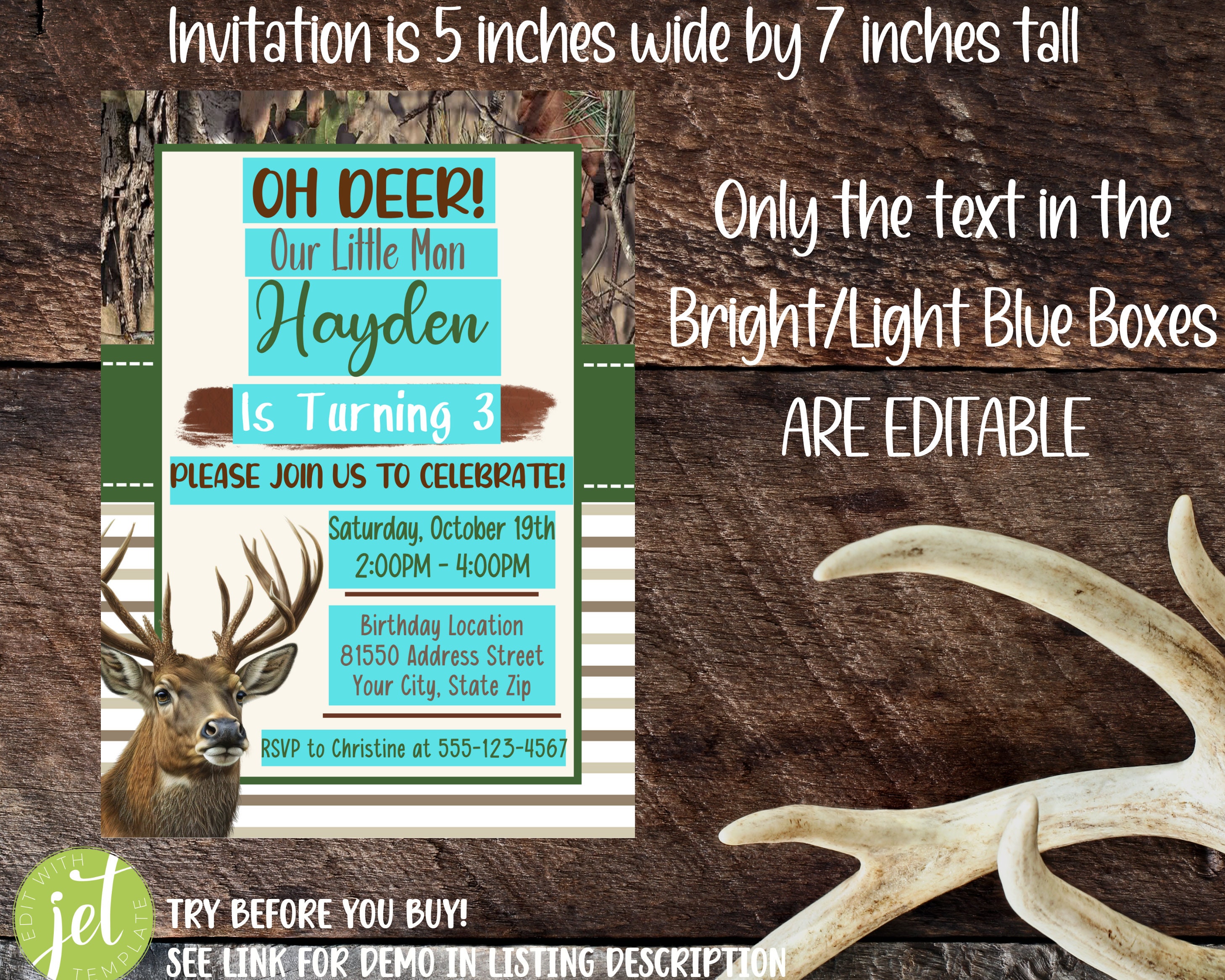 Editable Hunting Birthday Invitation, Camo Birthday Invitation, Deer ...