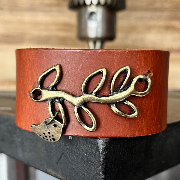 Leather Cuff, brass bird charm