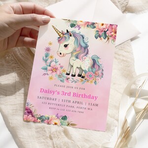 Unicorn Birthday Invitation INSTANT DOWNLOAD Editable Template, Unicorn Invitation, Floral Unicorn, Girls Birthday Party WRK26
