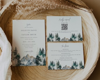 May include: A wedding invitation suite with a watercolor mountain and forest design. The invitation card features the names Juliette Davis and Taylor Smith, the date May 20, 2023, and the location The Wedding Garden, Perth, Australia. The RSVP card includes a QR code and the website www.weddingwebsite.com.