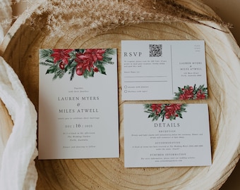 May include: A Christmas-themed wedding invitation suite featuring a watercolour illustration of red poinsettias and green pine branches. The invitation reads "Lauren Myers & Miles Atwell" with the date "Dec 16 | 2023". The RSVP card includes a QR code and a space for guests to indicate their attendance.