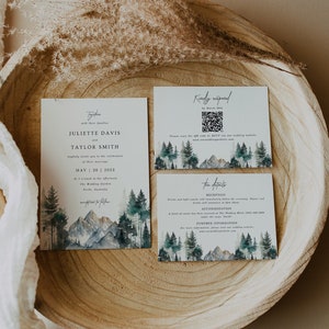 Berghochzeitseinladungs-Vorlagen-Set mit QR-Code, sofortiger Download, bearbeitbare rustikale Waldkiefer-Hochzeitseinladungs-Reihe, WR021