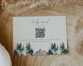 May include: A white card with the text "Kindly respond by March 20th" and a QR code. Below the QR code is the text "Please scan the QR code to RSVP via our wedding website www.ourweddingwebsite.com". The card has a watercolor illustration of a forest and mountains.