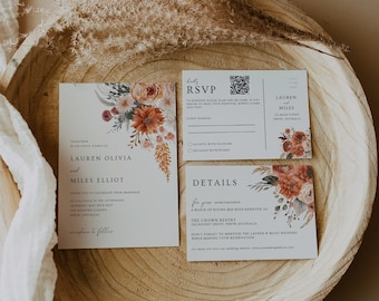 Fall Wedding Invitation With QR Code, Editable Template, Boho Floral Wedding Invite Suite, Wedding Printable Bundle, WR022