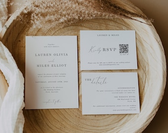 Peut inclure: Une suite d'invitation de mariage blanche au design minimaliste. L'invitation comporte les noms "Lauren Olivia" et "Miles Elliot" avec la date "Samedi 18 août 2023". La carte RSVP comprend un code QR et le texte "Veuillez répondre par le 1er juin".