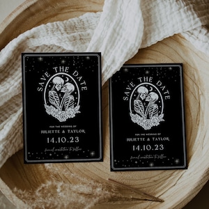 Gothic Halloween Save The Date, Bearbeitbare Vorlage, Tarot-Karte Hochzeitsankündigung, The Lovers Save The Date, WR033