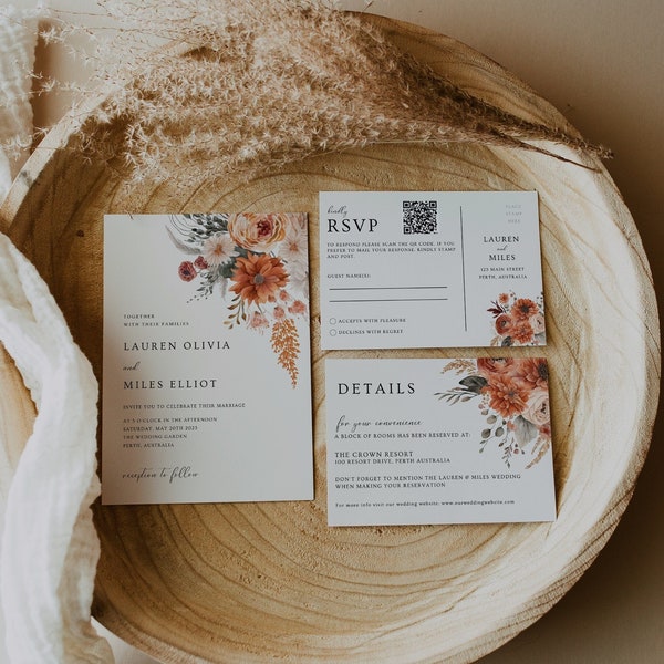 Fall Wedding Invitation With QR Code, Editable Template, Boho Floral Wedding Invite Suite, Wedding Printable Bundle, WR022