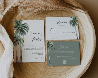 Può includere: Suite di inviti di nozze a tema tropicale. L'invito presenta un'illustrazione ad acquerello di palme e il testo "Lauren e Miles". La carta RSVP ha un design simile e include uno spazio per gli ospiti per indicare la loro presenza e le loro esigenze dietetiche. La carta dei dettagli presenta uno sfondo verde con un codice QR e il testo "Dettagli".
