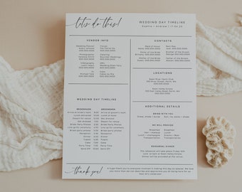 Detailed Wedding Party Itinerary Template, Instant Download, Editable Wedding Day Details, Bridal Party Timeline Printable, Minimalist WR015