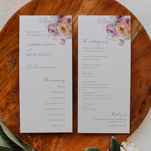 Plantilla de programa de boda con flores pastel (descarga digital)